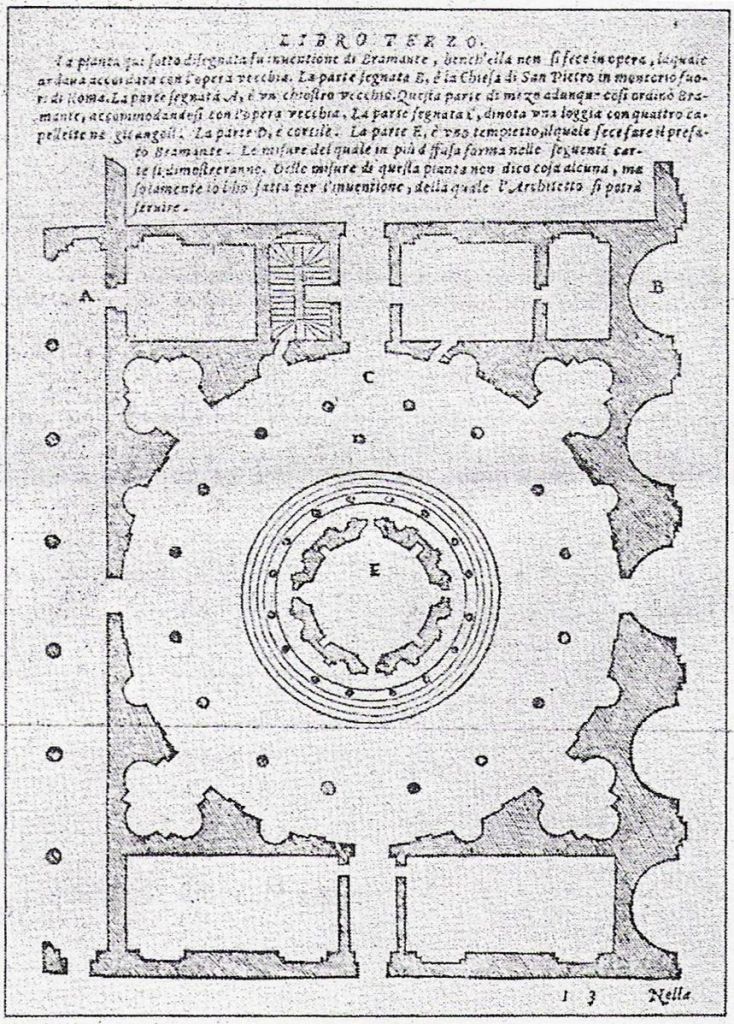 Sebastiano Serlio, Pianta del tempietto di Bramante e chiostro, 1545