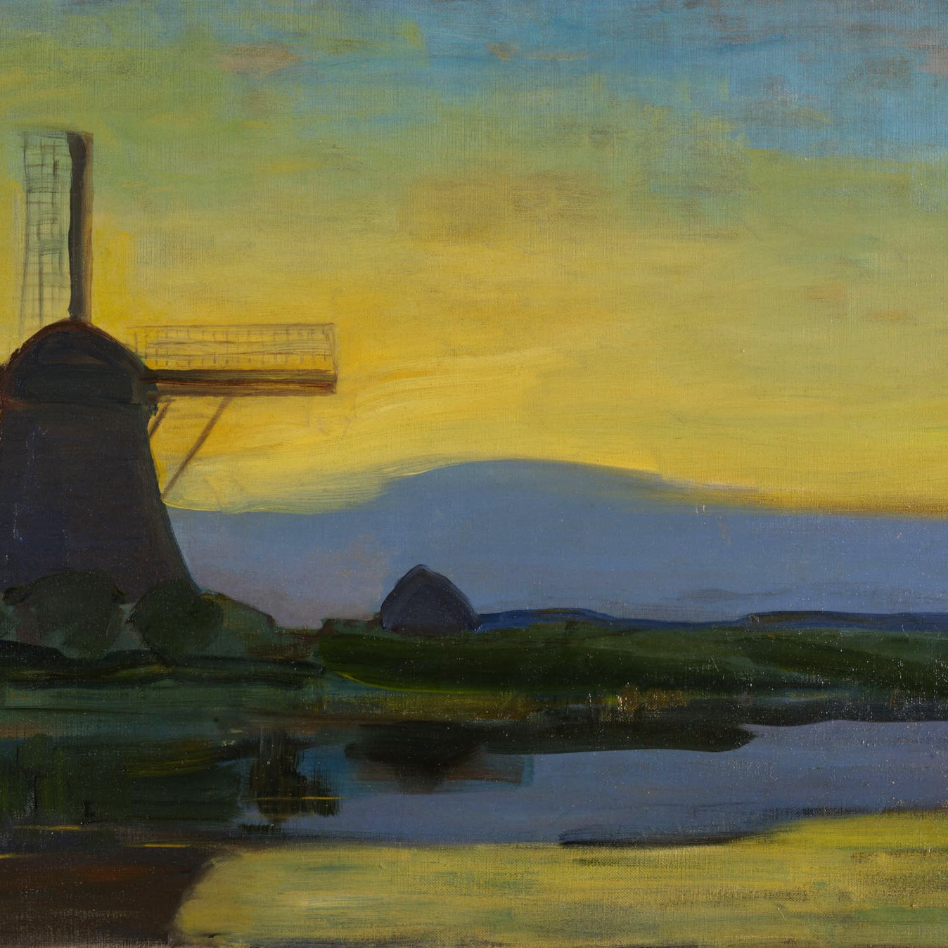 Piet Mondrian, Mulino Oostzijde con esteso cielo blù, giallo e viola, 1908